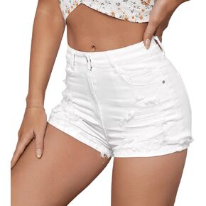 Women's High Waisted Stretchy Distressed Denim Shorts Ripped Roll Up Raw Hem Casual Summer Jean Shorts