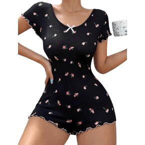 WDIRARA Women's Floral Print Bow Front Lettuce Trim Scoop Neck Short Sleeve Romper Sleepwear