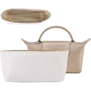 Bag Organizer for Longchamp Mini Bag, White Bag Insert Organizer Storage Pouches Liner Inner Lining for Handbags, with Zipper without Falling Out