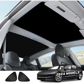2024 Model 3 Highland Roof Sunshades, 2 in 1 Ice Crystal Sunshades for 2024 Refreshed Tesla Model 3 Glass Roof Sunshades with Triangular Sunshades UV/Sun Protection Heat Insulation (Black)
