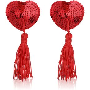 Breast Pasties, Reusable Adhesive Nipple Cover Stickers Silicone Heart-Shaped Shiny Sequin Breast Breast Pads Pasties Bra with Tassel for Women Couple Game Party Red
