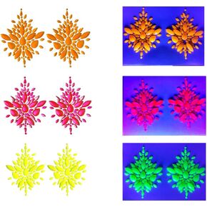 3 أزواج من فطائر حجر الراين المتوهجة باللون الأسود الفاتح والأصفر النيون/الأخضر والوردي والبرتقالي - ذاتية اللصق قابلة لإعادة الاستخدام - أغطية الحلمات، ألوان زاهية | زي EDC | الزي الهذيان | كلوبوير in Kuwait
