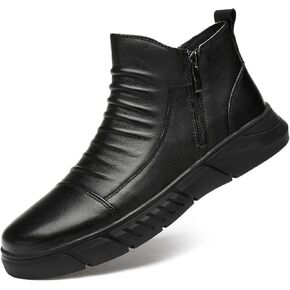 Men's Italian High-top Casual Leather Boots,Side Zipper Waterproof Non-Slip Warm Fur Lined Business Dress Booties Chelsea Chukka Ankle Boots for Men