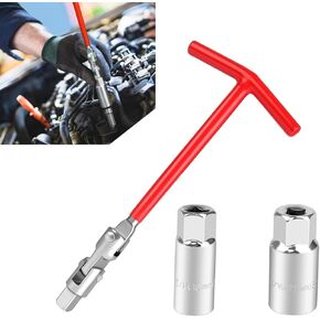 3 PCS Car Spark Plug Socket Wrench, Steel 360 Degree Universal Head Disassembly and Installation Tool with T-shaped Handle, 0.62"/16mm 0.82"/21mm Socket Set, Universal for Cars (Silver & Red)