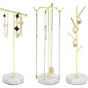 MyGift Set of 3 Modern Brass Tone Metal Wire Jewelry Stand Hanger Bracelets, Necklaces and Earrings Holder Organizer Racks with Round White Marble Bases