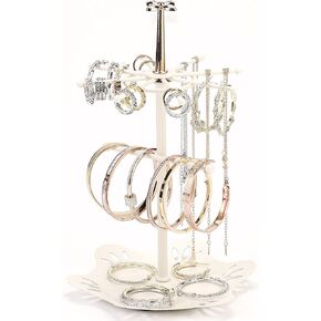 Jewelry Holder Organizer, Jewelry Display Stand with Metal Round Ring Tray, Necklace Earring Bracelet Tower Display Rack Hanging Storage Tree (IVORY)
