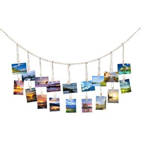 Hanging Photo Display Macrame Boho Wall Decor, Wooden Bead Garland with 18 Photo Clips, Collage Picture Frame Photo Holders for Nursery Room Dorm Bedroom Wall Decor (Nature)