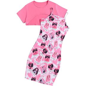 SHENHE Girl's 2 Piece Outfit Crewneck Short Sleeve Crop Tee Tops and Heart Print Cami Dress Set