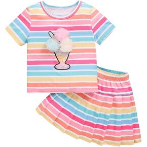 WDIRARA Toddler Girls Two Piece Floral Applique Cartoon Striped Print Tops and Pleated Mini Skirts Clothing Set