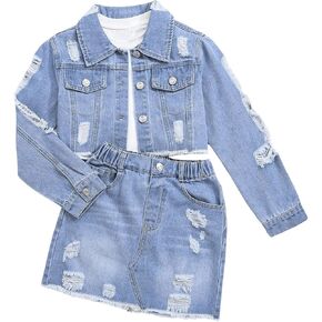 Girl's 2 Piece Denim Clothing Sets Ripped Raw Hem Denim Jacket with Mini Skirts