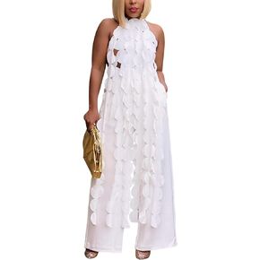 Tcremisa Women's Summer Flowy 2 Piece Chiffon Outfits Halter Backless Crop Top and Wide Leg Pants Set