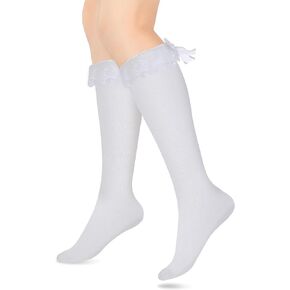 Lolita Socks For Women Lovely&Cute White Lace Ruffle Bow Knee High Socks with Bows Clothing Accessories Soft Girl Princess Loli Frilly Socks Women Solid Color White Socks Women with Bow