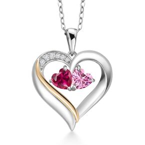 Gem Stone King 925 Silver and 10K Yellow Gold Heart Shape Lab Grown Diamond Pendant Necklace for Women with Red Created Ruby and Pink Moissanite (1.13 Cttw, Double Heart, 18 Inch Chain)