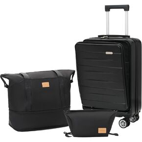 Carry On Luggage Set 3 Piece Hard Shell Suitcases Front Opening with TSA Lock Spinner Wheels (Black, 3 piece set)