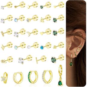 Surgical Stainless Steel Stud Hoop Earring Sets for Multiple Piercing Tiny Gold Flat Back Earrings for Cartilage Small CZ Emerald Green Earrings Hypoallergenic Nap Studs for women (Single Earrings Not A Pair)