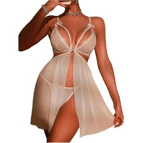 Verdusa Women's Two Piece Lingerie Sheer Mesh Sleepwear Babydoll with Thong