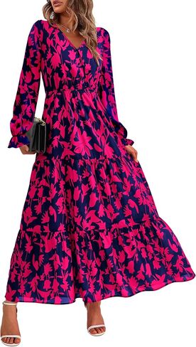 BTFBM Women Fall Dresses 2024 Casual Long Sleeve V Neck Maxi Dresses Floral Boho Long Dress Wedding Guest Dress in Saudi Arabia