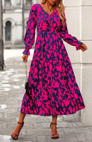 BTFBM Women Fall Dresses 2024 Casual Long Sleeve V Neck Maxi Dresses Floral Boho Long Dress Wedding Guest Dress in Saudi Arabia