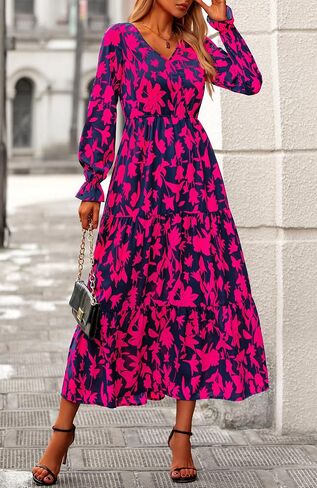 BTFBM Women Fall Dresses 2024 Casual Long Sleeve V Neck Maxi Dresses Floral Boho Long Dress Wedding Guest Dress in Saudi Arabia