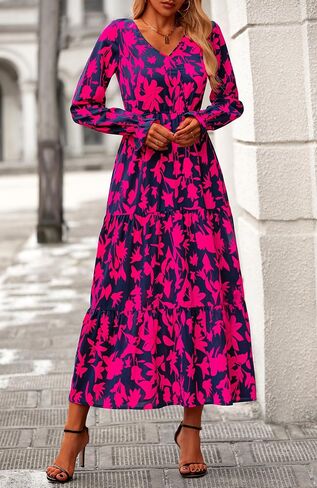 BTFBM Women Fall Dresses 2024 Casual Long Sleeve V Neck Maxi Dresses Floral Boho Long Dress Wedding Guest Dress in Saudi Arabia