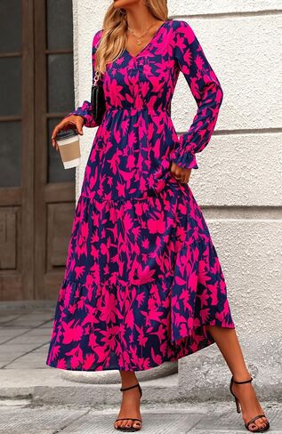 BTFBM Women Fall Dresses 2024 Casual Long Sleeve V Neck Maxi Dresses Floral Boho Long Dress Wedding Guest Dress in Saudi Arabia