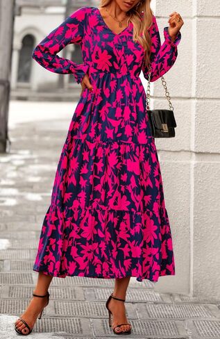 BTFBM Women Fall Dresses 2024 Casual Long Sleeve V Neck Maxi Dresses Floral Boho Long Dress Wedding Guest Dress in Saudi Arabia