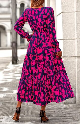 BTFBM Women Fall Dresses 2024 Casual Long Sleeve V Neck Maxi Dresses Floral Boho Long Dress Wedding Guest Dress in Saudi Arabia