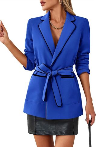 Cicy Bell Womens Belted Casual Blazer Long Sleeve Open Front Contrast Binding Suit Jackets Dressy Blouse Tops in Saudi Arabia