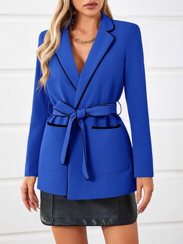 Cicy Bell Womens Belted Casual Blazer Long Sleeve Open Front Contrast Binding Suit Jackets Dressy Blouse Tops in Saudi Arabia