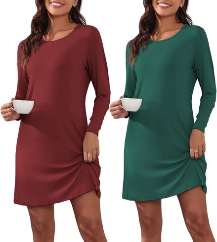 Ekouaer 2 Pack Nightgowns for Women Long Sleeve Night Gowns Tshirt Sleep Shirts Night Shirts Night Dress S-3XL in Saudi Arabia