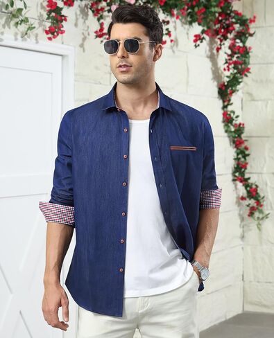 Men's Denim Shirt Long Sleeve Casual Button Down Shirt Men Western Untucked Dress Shirts for Men Cowboy Work in Saudi Arabia