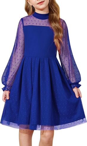 Arshiner Girls Dresses Contrast Mesh Puff Long Sleeve Mock Neck Formal Party A Line Short Tulle Dress in Saudi Arabia