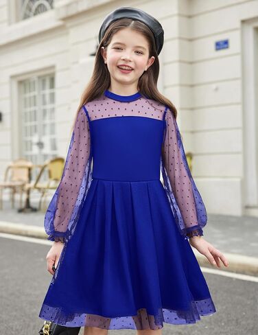 Arshiner Girls Dresses Contrast Mesh Puff Long Sleeve Mock Neck Formal Party A Line Short Tulle Dress in Saudi Arabia