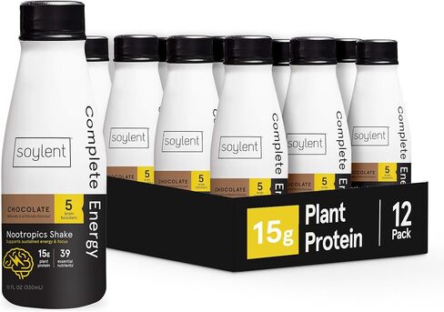 Soylent Chocolate High Protein Shake 30g Vegan Protein, Complete Energy Gluten-Free Vegan Protein Nootropics Shake, Chocolate, 11 Oz (12 Pack) in Saudi Arabia