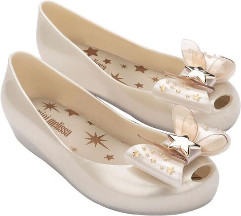 mini melissa Ultragirl Star Mary Jane Flats for Girls, Kid Shoes - Comfy & Cute Peep Toe Jelly Shoes, Ballet Flat for Kids, Adjustable Strap, White Metallic, 12 in Saudi Arabia