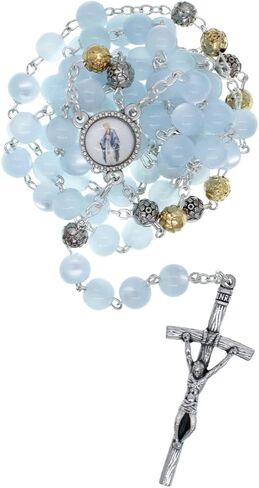 The Brigittine/Carmelite Rosary | Six Decade Rosary with Light Blue Glass Beads and Metallic Floral Our Father Beads | Our Lady Centerpiece | Great Catholic Gift for Confirmation in Saudi Arabia