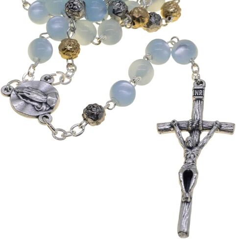 The Brigittine/Carmelite Rosary | Six Decade Rosary with Light Blue Glass Beads and Metallic Floral Our Father Beads | Our Lady Centerpiece | Great Catholic Gift for Confirmation in Saudi Arabia