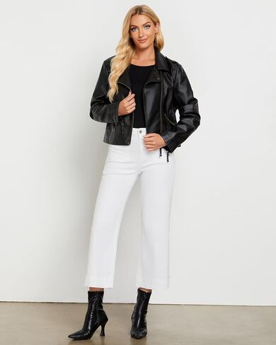 LookbookStore جينز قصير بأرجل واسعة للنساء عالي الخصر قابل للتمدد من قماش الدنيم بنطلون فضفاض واسع جيوب بنطلون جينز in Saudi Arabia