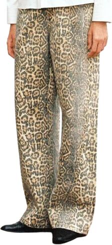 Leopard Print Jeans for Women - Y2K Light Cheetah Print Pants, Flare Straight Leg High Waisted Pants for Women in Saudi Arabia