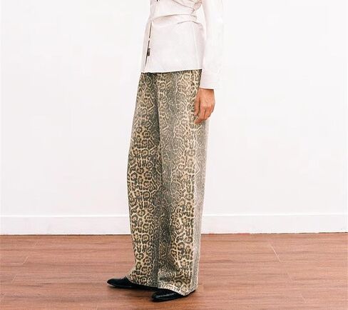 Leopard Print Jeans for Women - Y2K Light Cheetah Print Pants, Flare Straight Leg High Waisted Pants for Women in Saudi Arabia