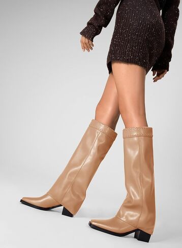 Castamere Fold Over Boots Shark Boots Womens Chunky Block Mid Heel Square Toe Knee High Boots Slip-on Party Dress Tall Boots in Saudi Arabia