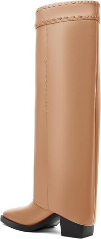 Castamere Fold Over Boots Shark Boots Womens Chunky Block Mid Heel Square Toe Knee High Boots Slip-on Party Dress Tall Boots in Saudi Arabia