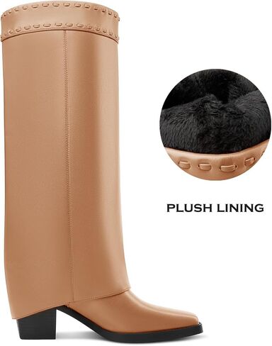 Castamere Fold Over Boots Shark Boots Womens Chunky Block Mid Heel Square Toe Knee High Boots Slip-on Party Dress Tall Boots in Saudi Arabia