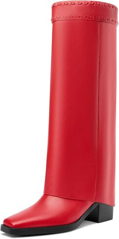 Castamere Fold Over Boots Shark Boots Womens Chunky Block Mid Heel Square Toe Knee High Boots Slip-on Party Dress Tall Boots in Saudi Arabia