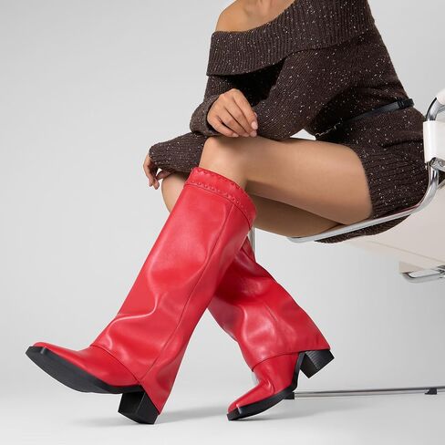 Castamere Fold Over Boots Shark Boots Womens Chunky Block Mid Heel Square Toe Knee High Boots Slip-on Party Dress Tall Boots in Saudi Arabia
