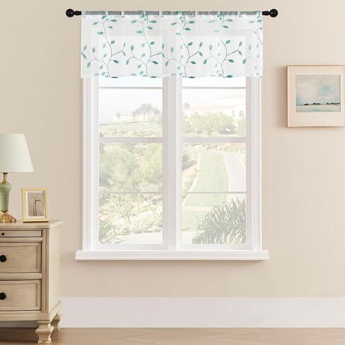 MRTREES Sheer Christmas Curtain Valance, Leaves Embroidered Small Valances Curtains Rod Pocket, Short Window Treatment Panels for Living Room Bedroom Kitchen(1 panel, 54x16 Inches, Aqua Blue Leaves) in Kuwait