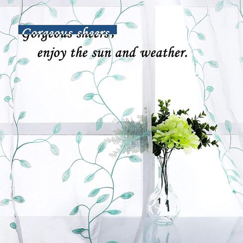 MRTREES Sheer Christmas Curtain Valance, Leaves Embroidered Small Valances Curtains Rod Pocket, Short Window Treatment Panels for Living Room Bedroom Kitchen(1 panel, 54x16 Inches, Aqua Blue Leaves) in Kuwait