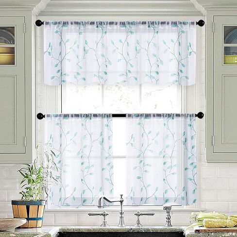 MRTREES Sheer Christmas Curtain Valance, Leaves Embroidered Small Valances Curtains Rod Pocket, Short Window Treatment Panels for Living Room Bedroom Kitchen(1 panel, 54x16 Inches, Aqua Blue Leaves) in Kuwait