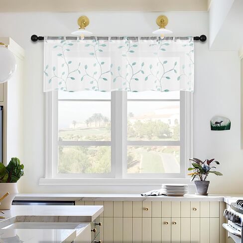 MRTREES Sheer Christmas Curtain Valance, Leaves Embroidered Small Valances Curtains Rod Pocket, Short Window Treatment Panels for Living Room Bedroom Kitchen(1 panel, 54x16 Inches, Aqua Blue Leaves) in Kuwait