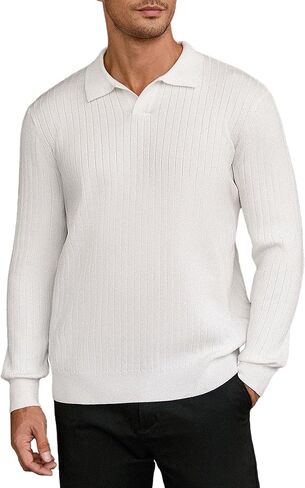 Hardaddy Men's Ribbed Knit Sweater Collared V Neck Polo Shirts Casual Long Sleeve Polo Sweater Solid Pullover Tops in Saudi Arabia